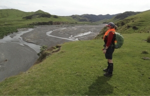 Sandra Burles above the Opouawe River on a recent trip to mark trap sites