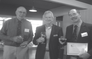 L to R: Jim Campbell, Patron and past president, Gus van de Roer, Nikau  Foundation trustee, and Ross Cottle President accepting grant for Wairio Wetlands from  Nikau Foundation.