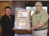 Ian’s reward: Andy Garrick CEO of Eastern Fish &Game (left) and DU Life Member Ian Pirani; has also been recognised for his long involvement with Eastern F&G. The inscription says: In recognition of your long term dedication and commitment to the conservation and management of New Zealand’s water fowl and their wetland habitats.